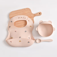 Thumbnail for Rainbow Pattern Beige Soft and Safe Silicone Baby Feeding Set - Bib, Bowl, and Spoon Combo for Mess-Free Meals