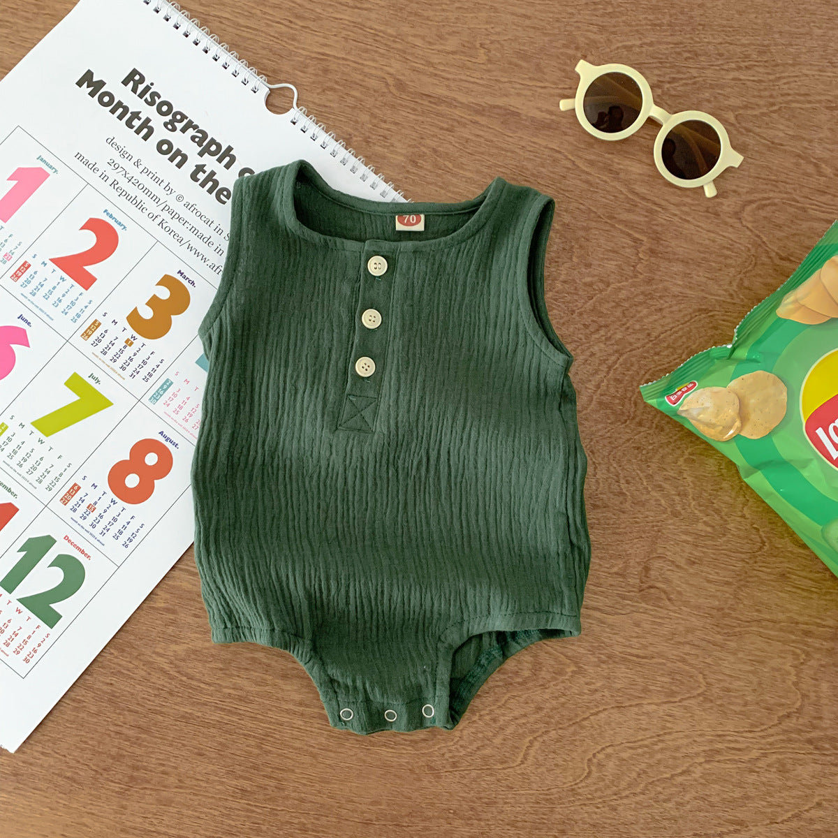 90cm Green Sleeveless Bubble Cotton Baby Romper - Soft Newborn Onesie for Boys and Girls, 0-2 Years