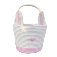 Thumbnail for Pink And White Stitching Charming Easter Egg Tote Basket - Cute Rabbit-Themed Handwoven Cotton Rope Candy Holder