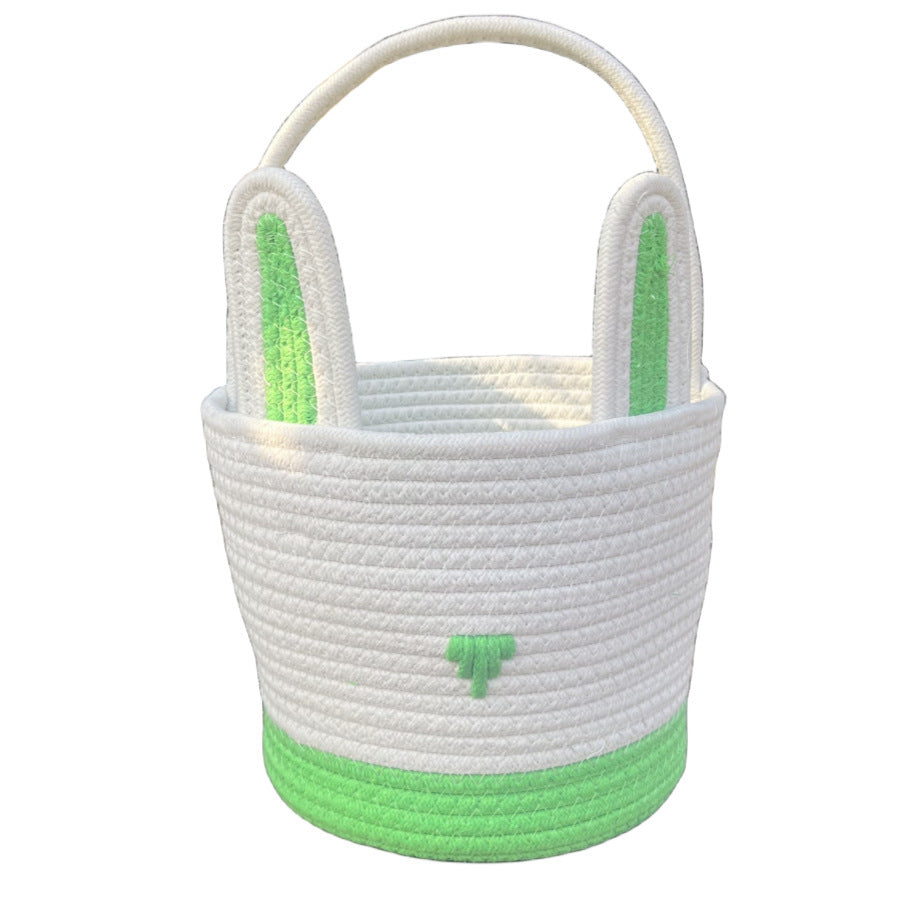 Green And White Stitching Charming Easter Egg Tote Basket - Cute Rabbit-Themed Handwoven Cotton Rope Candy Holder
