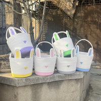 Thumbnail for Green And White Stitching Charming Easter Egg Tote Basket - Cute Rabbit-Themed Handwoven Cotton Rope Candy Holder