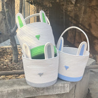 Thumbnail for Green And White Stitching Charming Easter Egg Tote Basket - Cute Rabbit-Themed Handwoven Cotton Rope Candy Holder