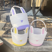 Thumbnail for Green And White Stitching Charming Easter Egg Tote Basket - Cute Rabbit-Themed Handwoven Cotton Rope Candy Holder