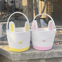 Thumbnail for Green And White Stitching Charming Easter Egg Tote Basket - Cute Rabbit-Themed Handwoven Cotton Rope Candy Holder