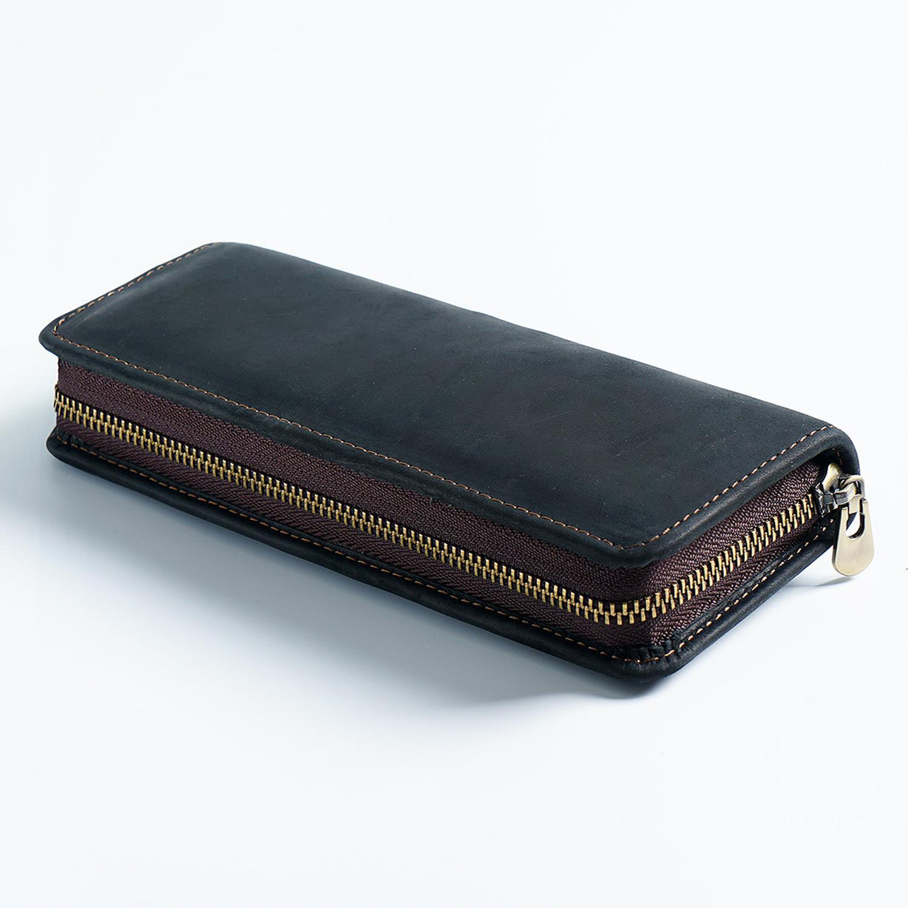 Black Genuine Leather Pencil Case - Vintage Zip-Up Pen Holder with Elastic Loops
