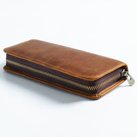 Thumbnail for Brown Genuine Leather Pencil Case - Vintage Zip-Up Pen Holder with Elastic Loops