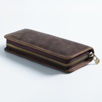 Thumbnail for Coffee Genuine Leather Pencil Case - Vintage Zip-Up Pen Holder with Elastic Loops