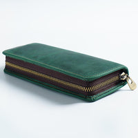 Thumbnail for Dark Green Genuine Leather Pencil Case - Vintage Zip-Up Pen Holder with Elastic Loops