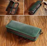 Thumbnail for Dark Green Genuine Leather Pencil Case - Vintage Zip-Up Pen Holder with Elastic Loops