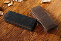 Thumbnail for Dark Green Genuine Leather Pencil Case - Vintage Zip-Up Pen Holder with Elastic Loops