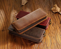 Thumbnail for Dark Green Genuine Leather Pencil Case - Vintage Zip-Up Pen Holder with Elastic Loops
