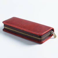 Thumbnail for Wine Red Genuine Leather Pencil Case - Vintage Zip-Up Pen Holder with Elastic Loops