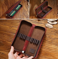 Thumbnail for Wine Red Genuine Leather Pencil Case - Vintage Zip-Up Pen Holder with Elastic Loops