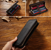 Thumbnail for Wine Red Genuine Leather Pencil Case - Vintage Zip-Up Pen Holder with Elastic Loops