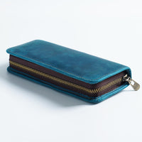 Thumbnail for Blue Genuine Leather Pencil Case - Vintage Zip-Up Pen Holder with Elastic Loops