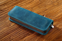Thumbnail for Blue Genuine Leather Pencil Case - Vintage Zip-Up Pen Holder with Elastic Loops