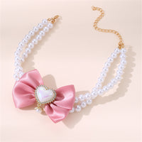 Thumbnail for 2 - PCS Cute Pet Pearl Necklace Collar with Pink Bow and Heart Charm - Size S
