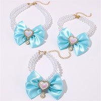 Thumbnail for 2 - PCS Cute Pet Pearl Necklace Collar with Blue Bow and Heart Charm - Size S