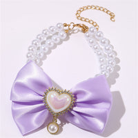 Thumbnail for 2 - PCS Cute Pet Pearl Necklace Collar with Purple Bow and Heart Charm - Size S