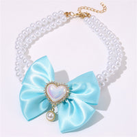 Thumbnail for 2 - PCS Cute Pet Pearl Necklace Collar with Blue Bow and Heart Charm - Size M