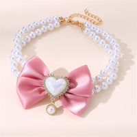 Thumbnail for 2 - PCS Cute Pet Pearl Necklace Collar with Pink Bow and Heart Charm - Size M