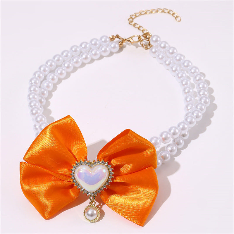 2 - PCS Cute Pet Pearl Necklace Collar with Orange Bow and Heart Charm - Size L