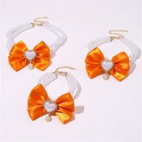 Thumbnail for 2 - PCS Cute Pet Pearl Necklace Collar with Orange Bow and Heart Charm - Size L