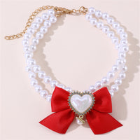 Thumbnail for 2 - PCS Cute Pet Pearl Necklace Collar with Red Bow and Heart Charm - Size L
