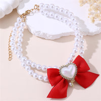 Thumbnail for 2 - PCS Cute Pet Pearl Necklace Collar with Red Bow and Heart Charm - Size L