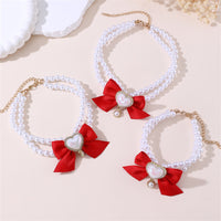 Thumbnail for 2 - PCS Cute Pet Pearl Necklace Collar with Red Bow and Heart Charm - Size L