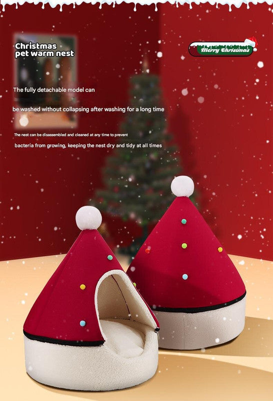Festive Detachable Pet House - Cozy Red Santa Hat Design (S - 37x46cm)