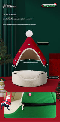 Thumbnail for Festive Detachable Pet House - Cozy Pine Needle Wool Christmas Hat Design (S - 37x46cm)