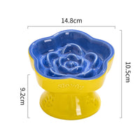 Thumbnail for Yellow and Blue Ceramic Slow Feeder Pet Bowl for Cats and Small Dogs - Anti-Choke Elevated Design with 15-Degree Tilted Rim