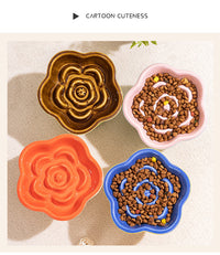 Thumbnail for Yellow and Blue Ceramic Slow Feeder Pet Bowl for Cats and Small Dogs - Anti-Choke Elevated Design with 15-Degree Tilted Rim