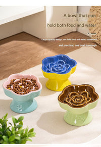Thumbnail for Yellow and Blue Ceramic Slow Feeder Pet Bowl for Cats and Small Dogs - Anti-Choke Elevated Design with 15-Degree Tilted Rim