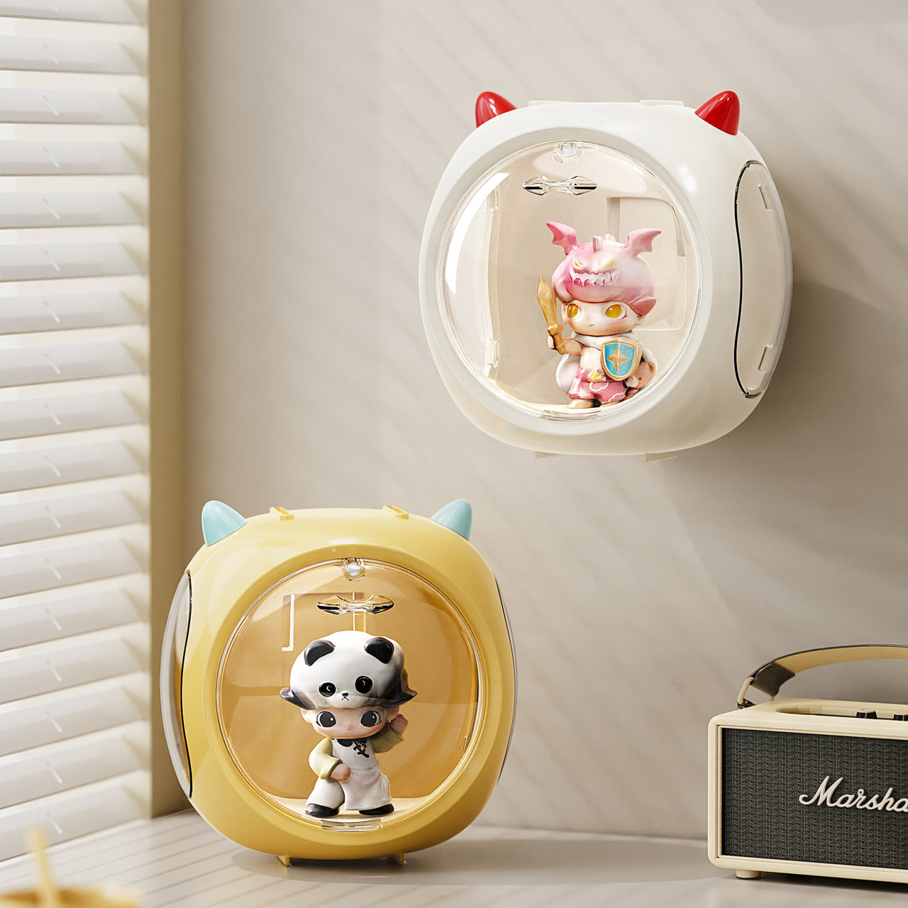 White And Red Horn Acrylic Blind Box Display Case - Transparent Dustproof Storage for Figures and Collectibles(The model is a shooting prop and is not included)