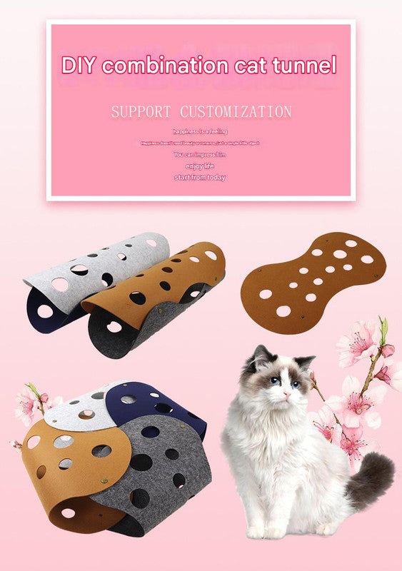 DIY Felt Cat Tunnel - Foldable Egg Roll-Shaped Pet Toy with Multiple Holes(Brown + Gray)