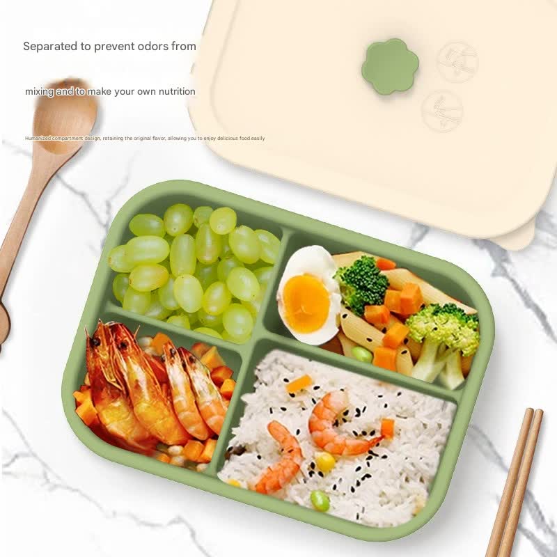 Dark green Microwave-Safe Silicone Lunch Box with 4 Compartments - Airtight Bento Box for Work and Travel