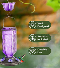 Thumbnail for Elegant Hanging Hummingbird Feeder - Decorative Glass Nectar Bottle with Ant Moat, 6 Feeding Ports(Purple)
