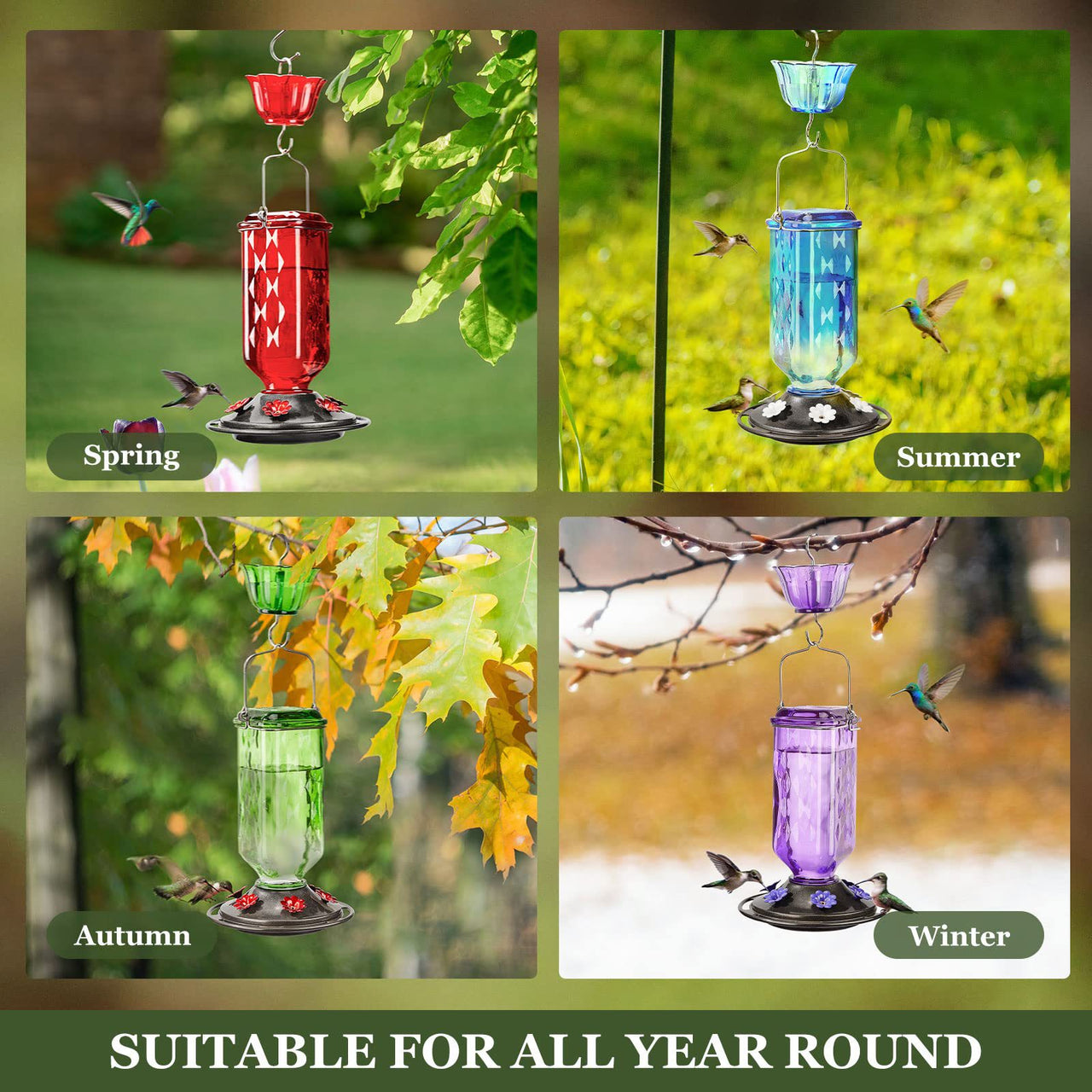 Elegant Hanging Hummingbird Feeder - Decorative Glass Nectar Bottle with Ant Moat, 6 Feeding Ports(Red)