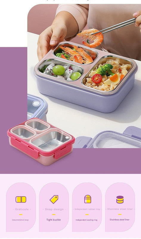 Purple 3-Compartment Stainless Steel Bento Lunch Box - Leak-Proof, for Kids & Adults for School & Office