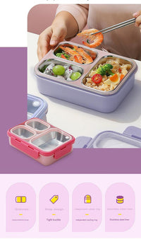Thumbnail for Pink 3-Compartment Stainless Steel Bento Lunch Box - Leak-Proof, for Kids & Adults for School & Office