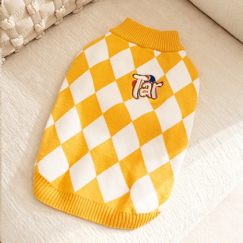 Classic Argyle Dog Sweater - Yellow & White Knit for Corgis & Medium Breeds (Size : S)
