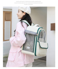 Thumbnail for Beige And Pink Spacious Pet Carrier Backpack with Clear Window - Comfortable Travel Bag for Cats & Small Dogs
