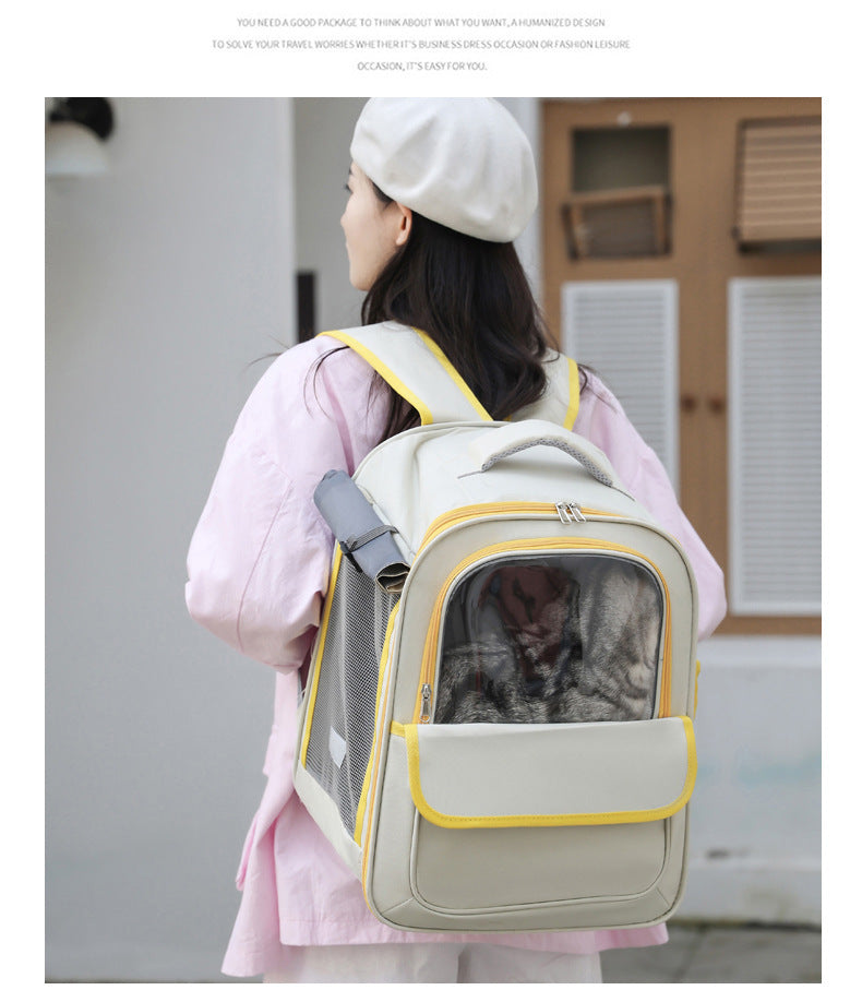 Beige And Black Spacious Pet Carrier Backpack with Clear Window - Comfortable Travel Bag for Cats & Small Dogs