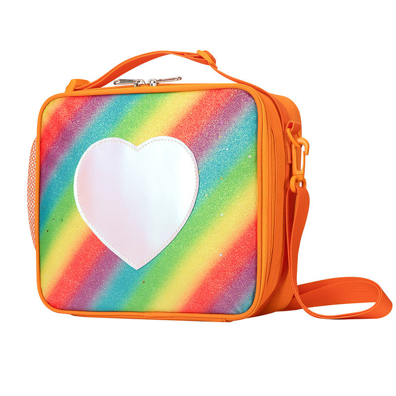 Orange Sparkling Rainbow Heart Insulated Lunch Bag for Kids - Portable School Lunch Box with Shoulder Strap
