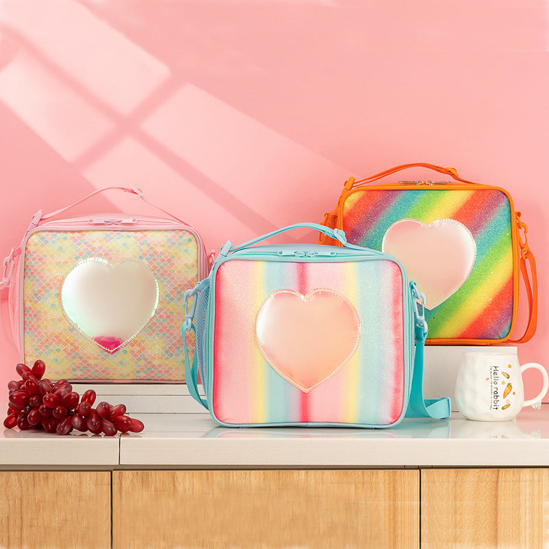 Orange Sparkling Rainbow Heart Insulated Lunch Bag for Kids - Portable School Lunch Box with Shoulder Strap