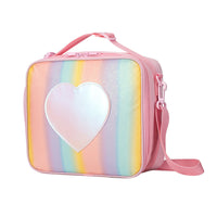 Thumbnail for Pink Sparkling Rainbow Heart Insulated Lunch Bag for Kids - Portable School Lunch Box with Shoulder Strap