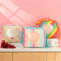 Thumbnail for Pink Sparkling Rainbow Heart Insulated Lunch Bag for Kids - Portable School Lunch Box with Shoulder Strap