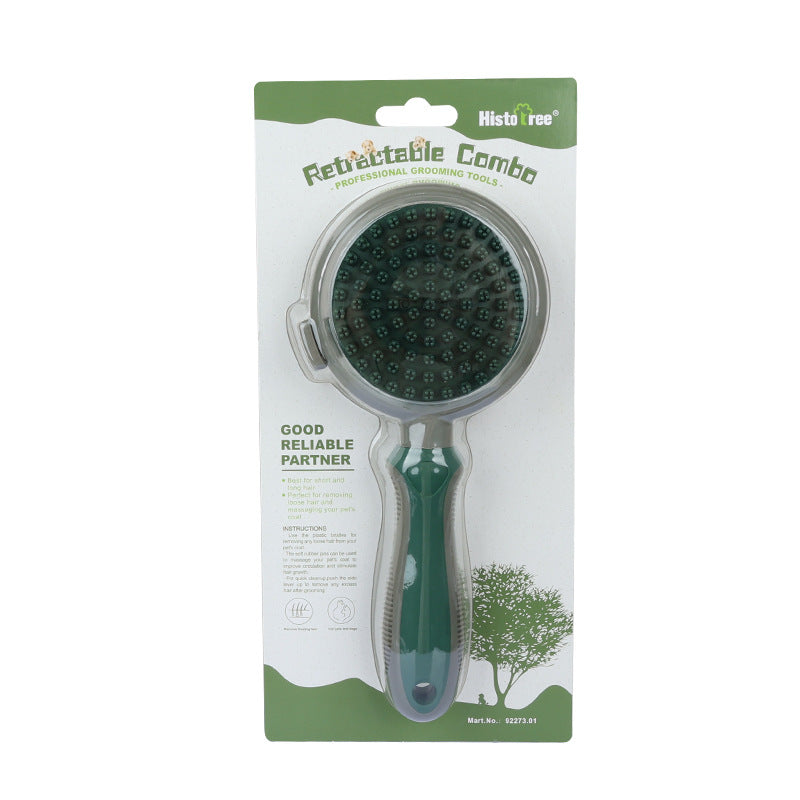 Green And Grey Dual-Sided Pet Grooming Brush - Self-Cleaning Slicker & Gentle Massage Bath Comb for Dogs & Cats